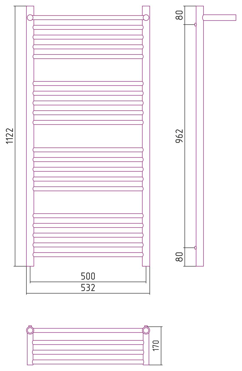 Полотенцесушитель комбинированный Сунержа Богема-ПРОФИ с 1 полкой 1200x500. 00-5103-1250